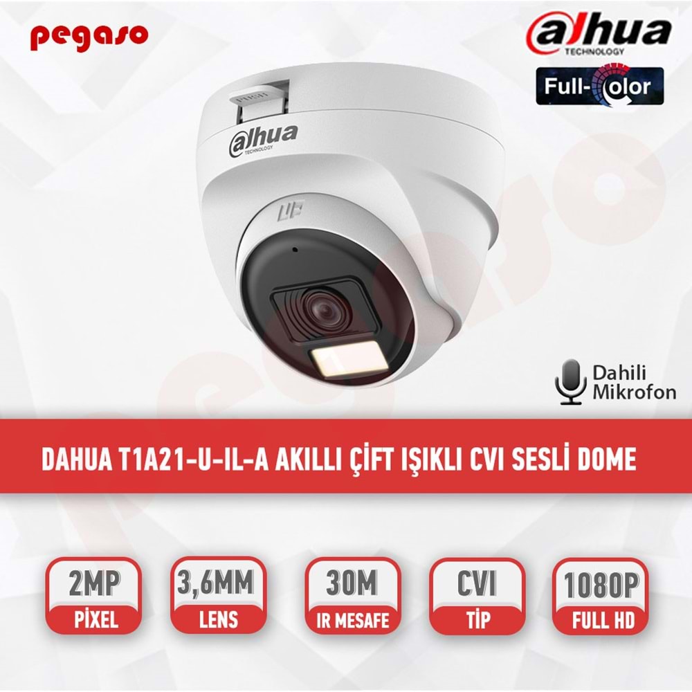 DAHUA DH-HAC-T1A21P-U-IL 2MP Akıllı Çift Işık 25 Metre HDCVI Sabit Lens Dome Kame