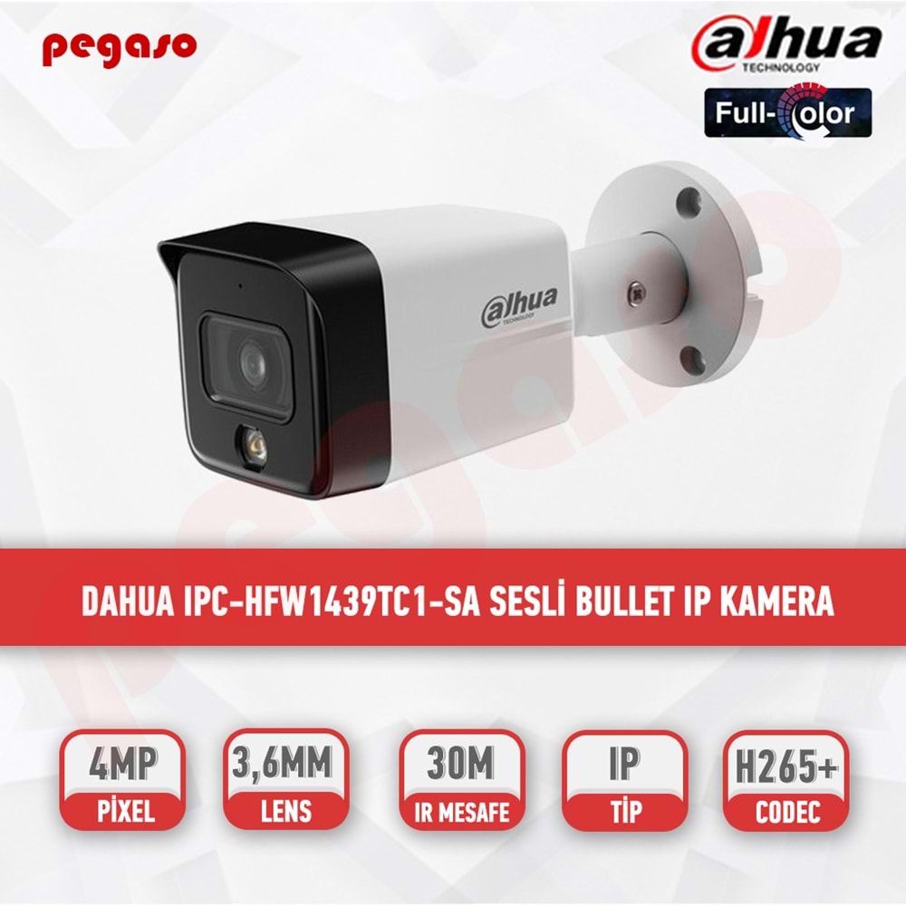 DAHUA IPC-HFW1439TC1-SA-IL-0360B-S6 4MP 3.6MM 30M IR SESLI BULLET POE IP KAMERA