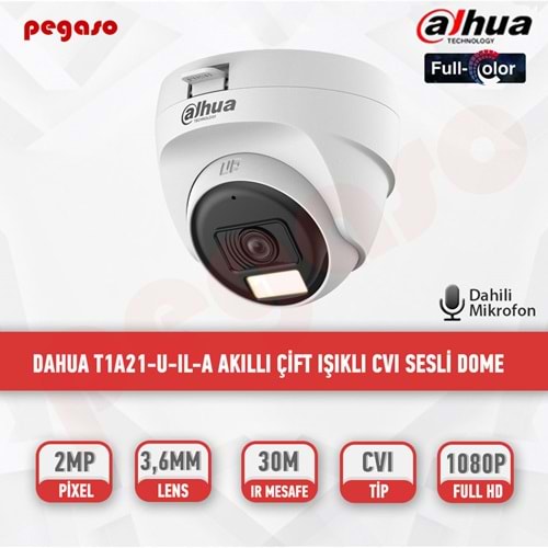 DAHUA DH-HAC-T1A21P-U-IL 2MP Akıllı Çift Işık 25 Metre HDCVI Sabit Lens Dome Kame