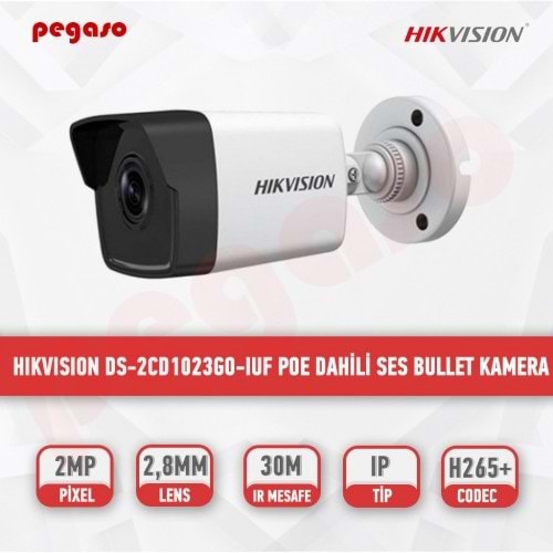 HIKVISION DS-2CD1023GO-IUF 2 MP 2.8MM DAHİLİ SES POE H265+IP BULLET KAMERA(30MT)