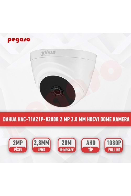 DAHUA HAC-T1A21P-0280B 2 MP 2.8 MM HDCVI IR DOME KAMERA 20M