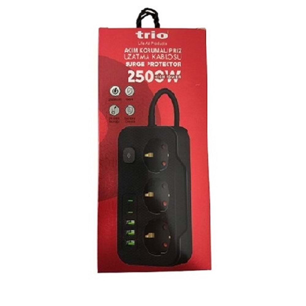 TRİO TR3440 4 LÜ (3*USB+2*TYPE-C) 2500W 2MT AKIM KORUMALI PRİZ
