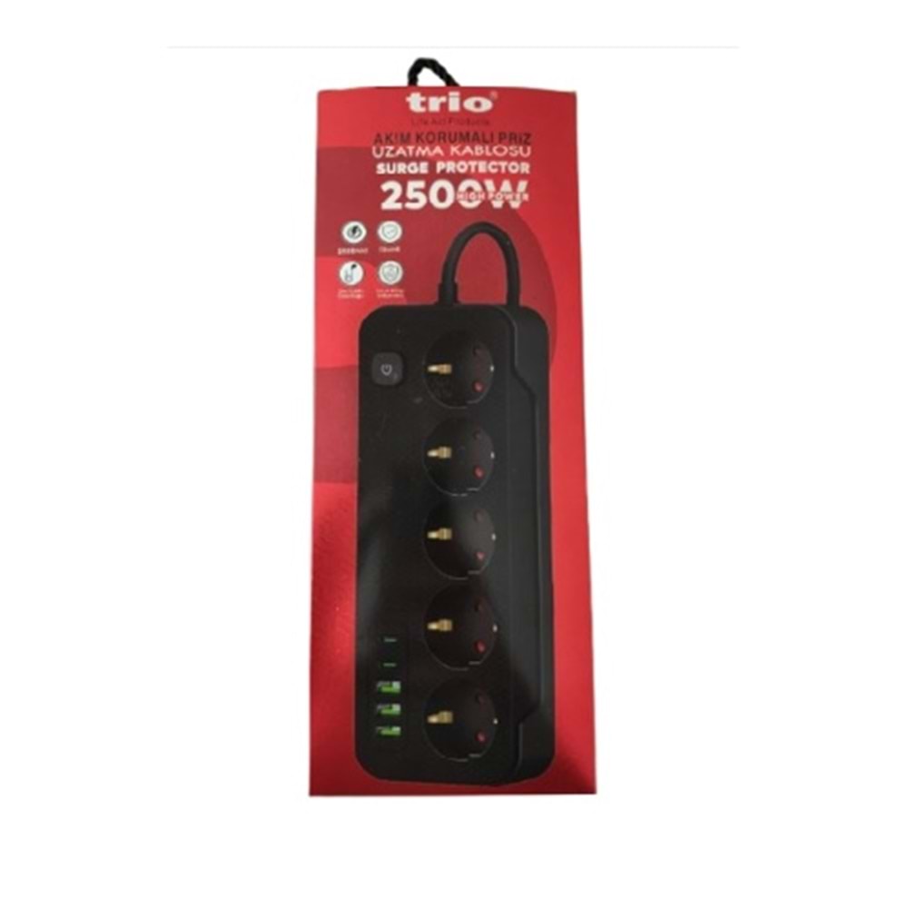 TRİO TR3441 5 Lİ (3*USB+2*TYPE-C) 2500W 2MT AKIM KORUMALI PRİZ